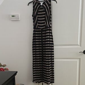 Sleeveless Black and Beige Striped Maxi Dress
